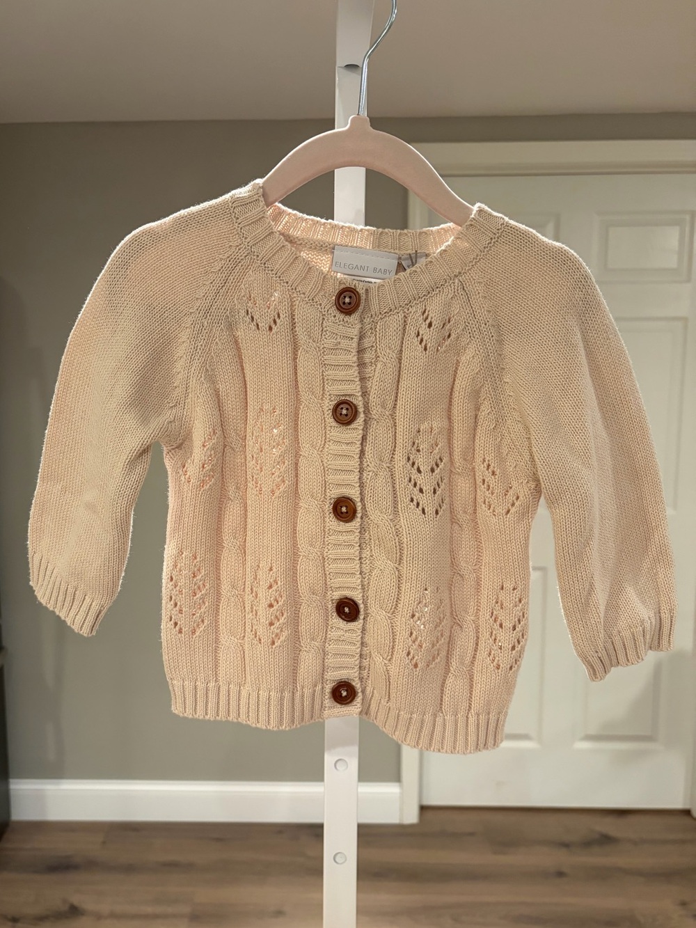 Elegant Baby Cable Leaf Cardigan, Beige, 12M